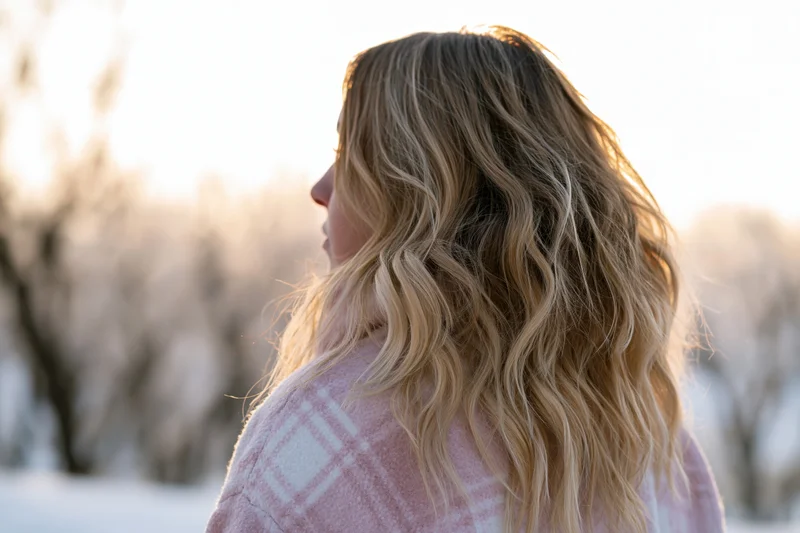 Young woman with wavy blonde hair in profile, wearing pink plaid coat, standing in snowy winter landscape at golden hour