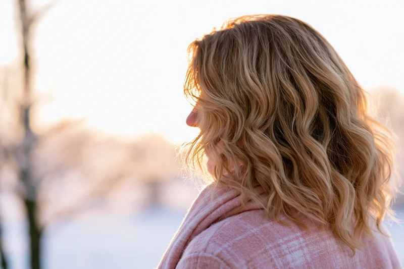 Young woman with wavy blonde hair seen from behind in winter landscape at sunset