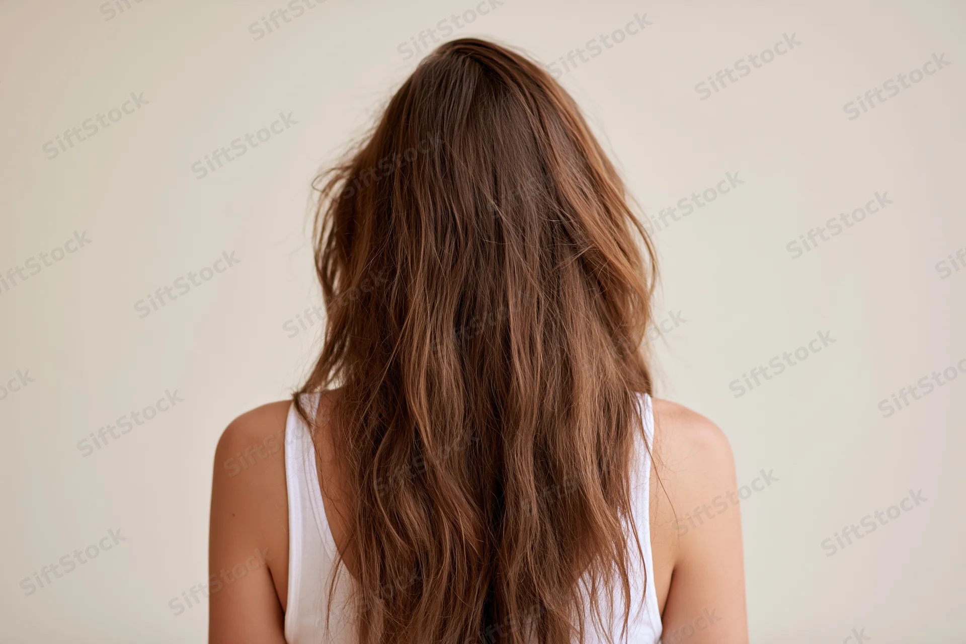 Woman seen from back with long loose brown wavy hair wearing white tank top in studio setting