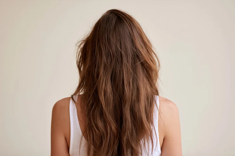 Woman seen from back with long loose brown wavy hair wearing white tank top in studio setting