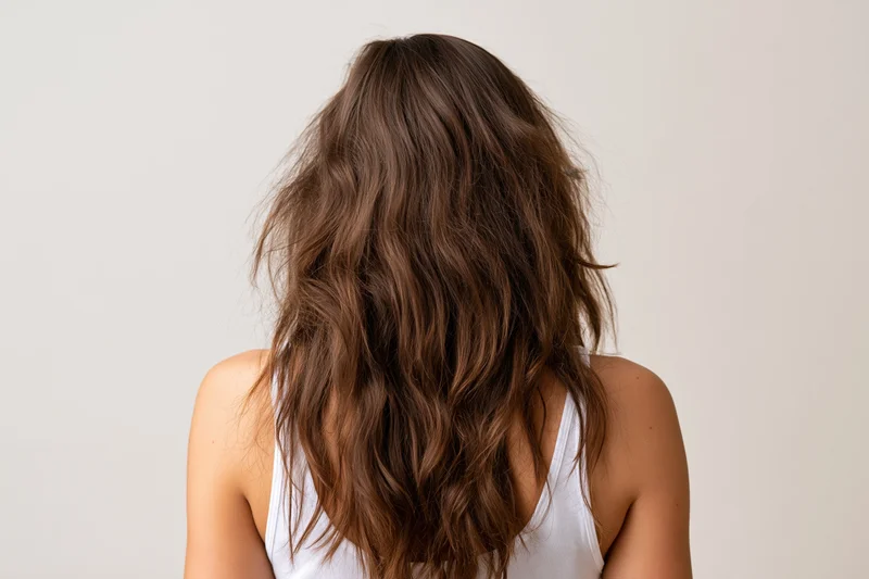 Woman with long wavy brown hair seen from back in studio setting