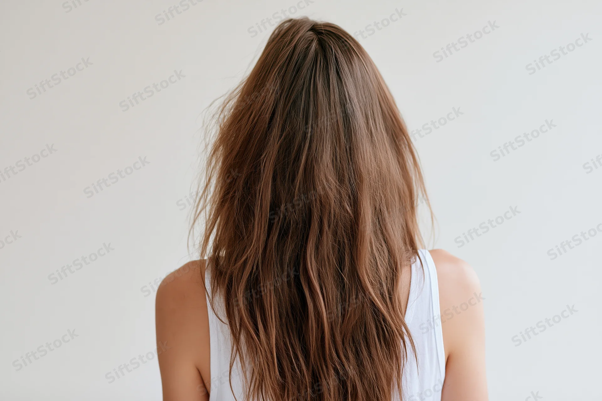 Woman with long loose brown hair seen from back wearing white tank top in studio