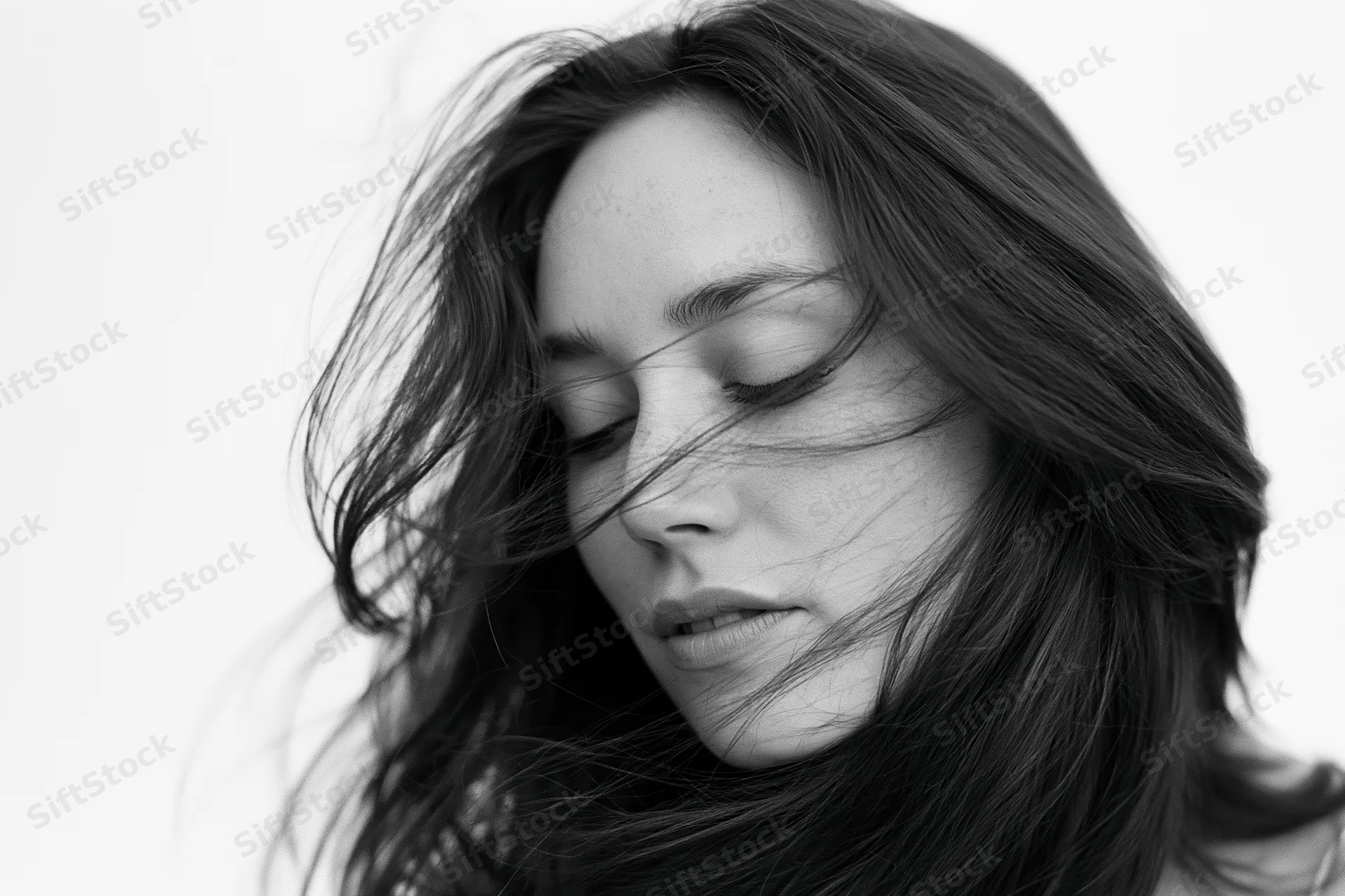 Young woman with long dark hair flowing across her face in a studio portrait