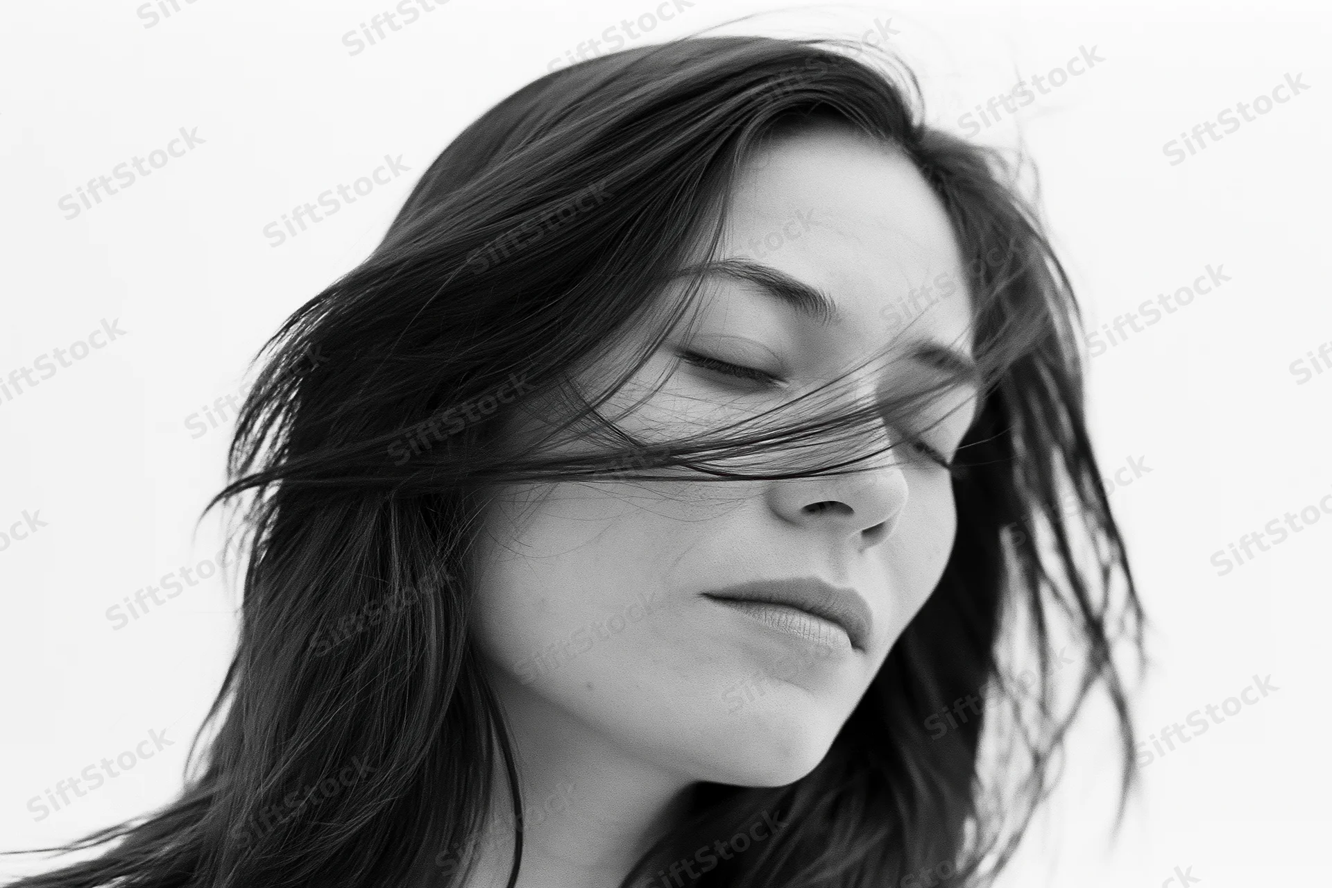 Woman with long dark hair blown by wind, eyes closed, in black and white portrait