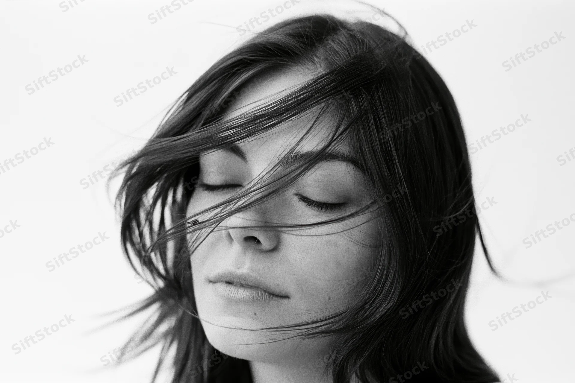 Closeup portrait of a woman with long dark hair flowing across her face against a white background