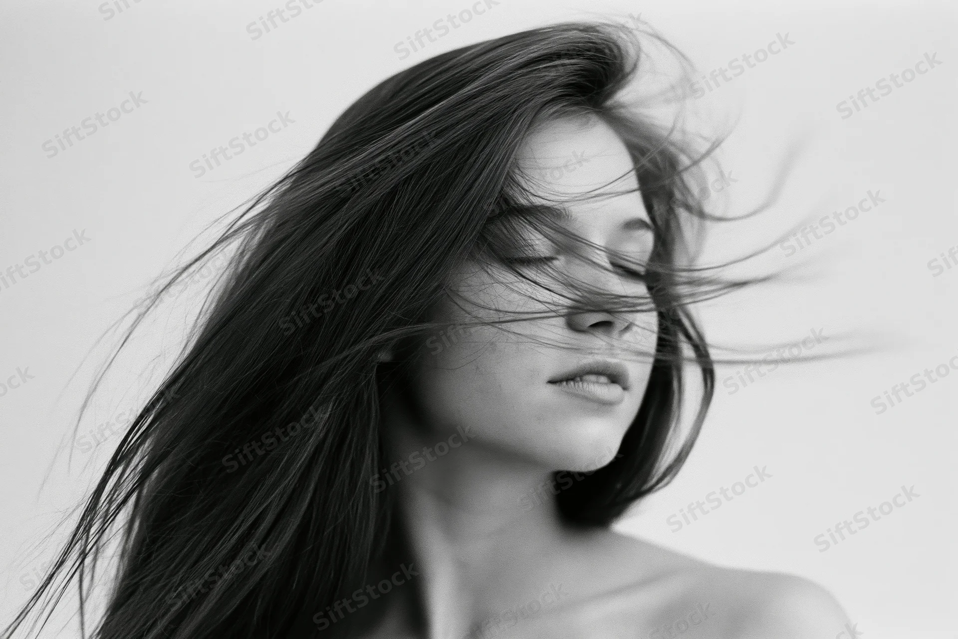 Young woman with long straight hair flowing across her face in a studio portrait