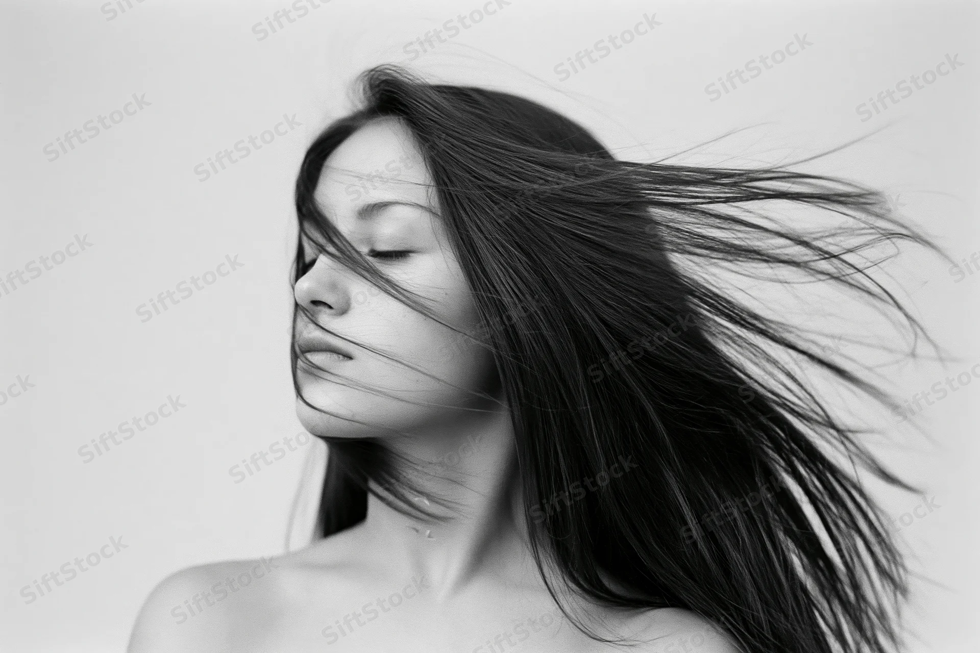 Young woman with long straight hair flowing across her face in studio portrait
