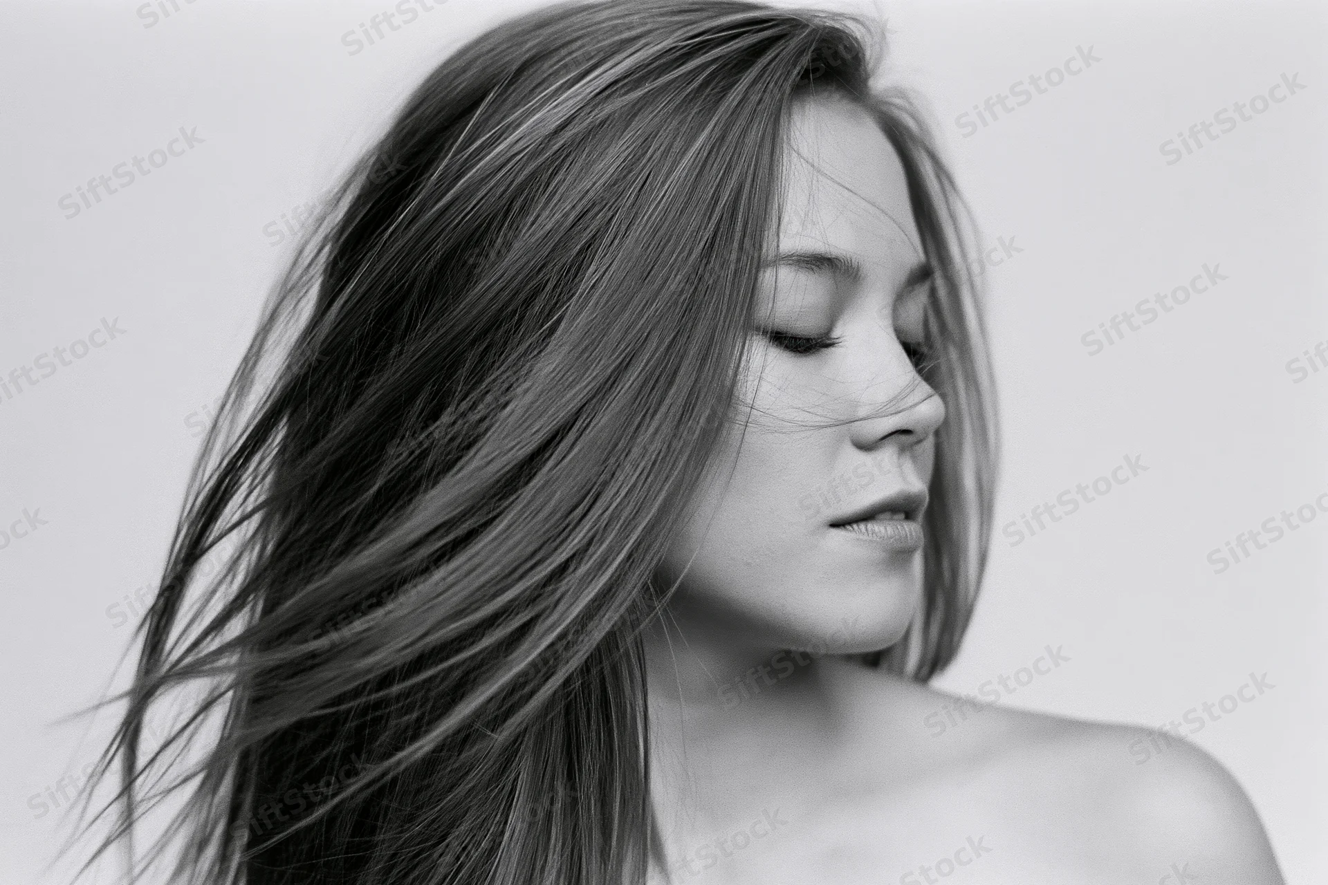 Woman with long straight hair flowing across her face in a studio portrait