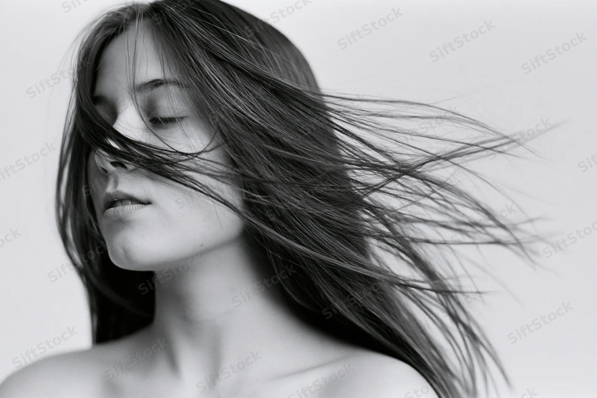 Woman with long straight hair flowing in wind, eyes closed, studio portrait