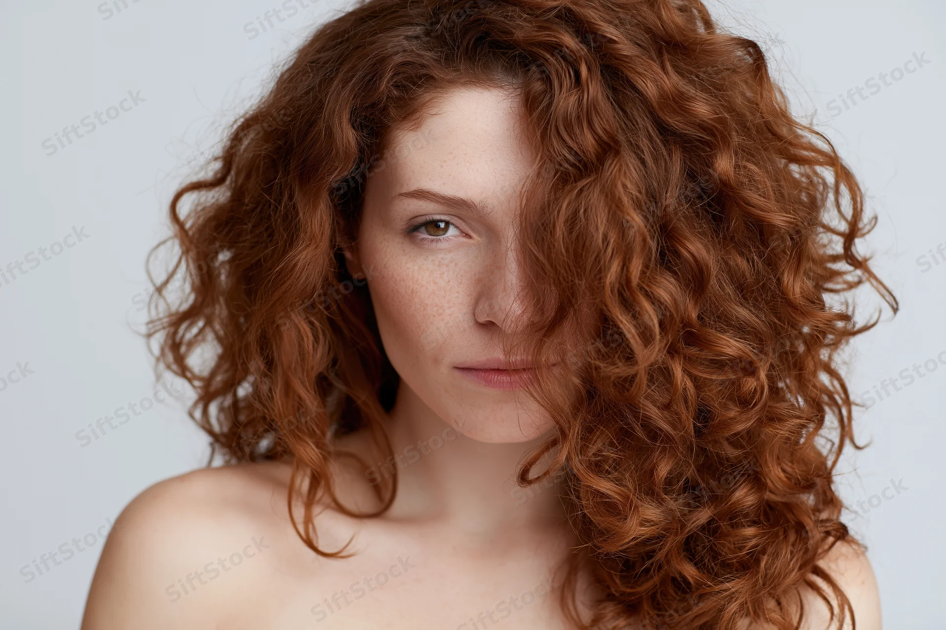 Young woman with voluminous auburn curly hair partially covering her face in studio portrait