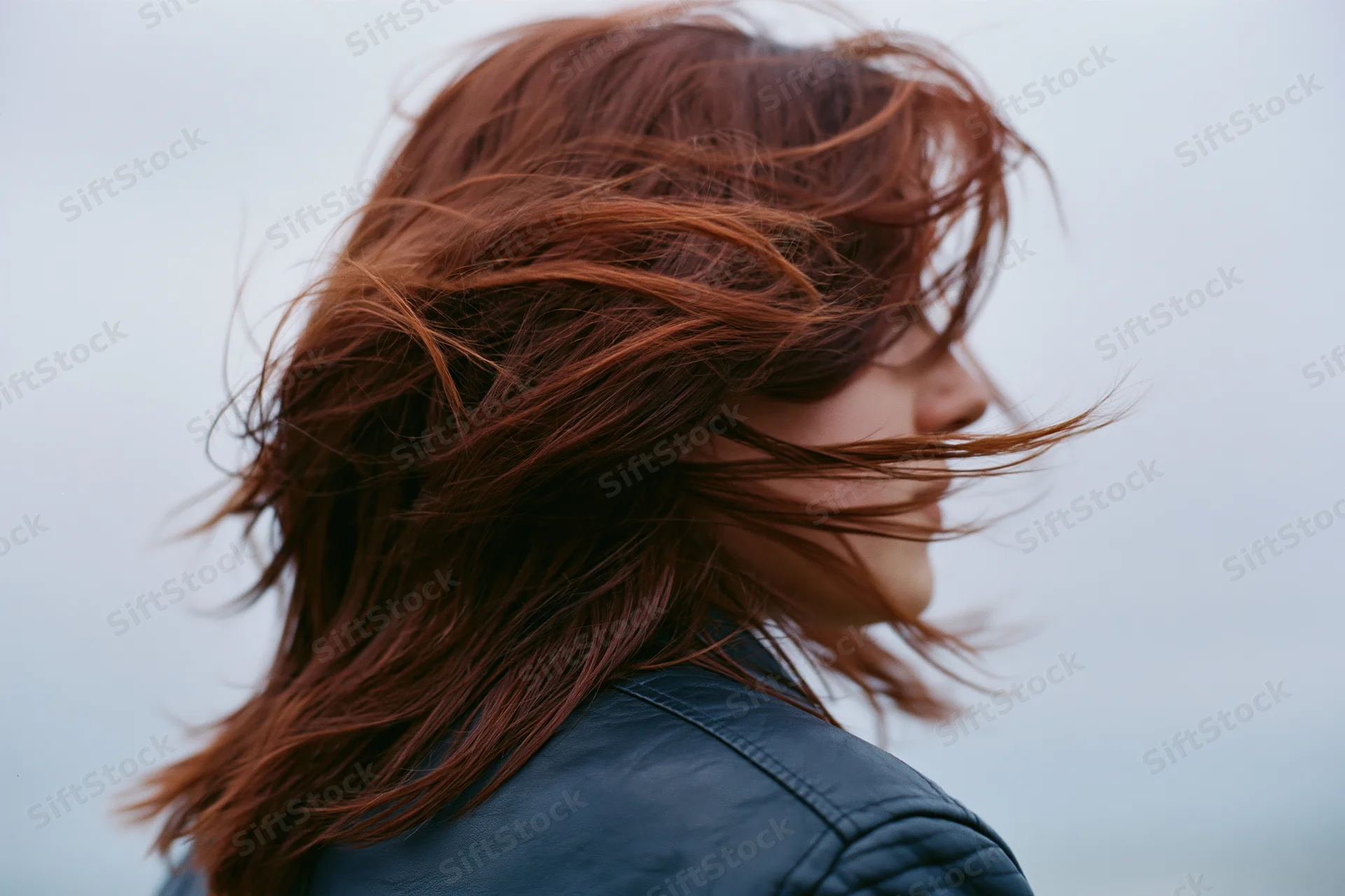 Young woman with auburn hair blowing across her face in wind outdoors