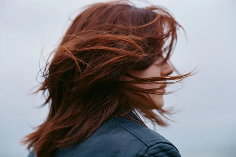 Young woman with auburn hair blowing across her face in wind outdoors
