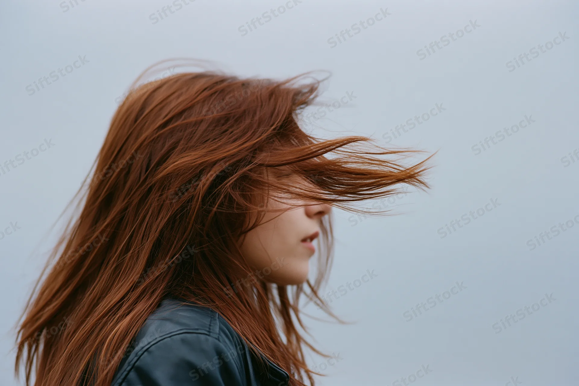 Young woman in profile with auburn hair blowing across her face in the wind outdoors