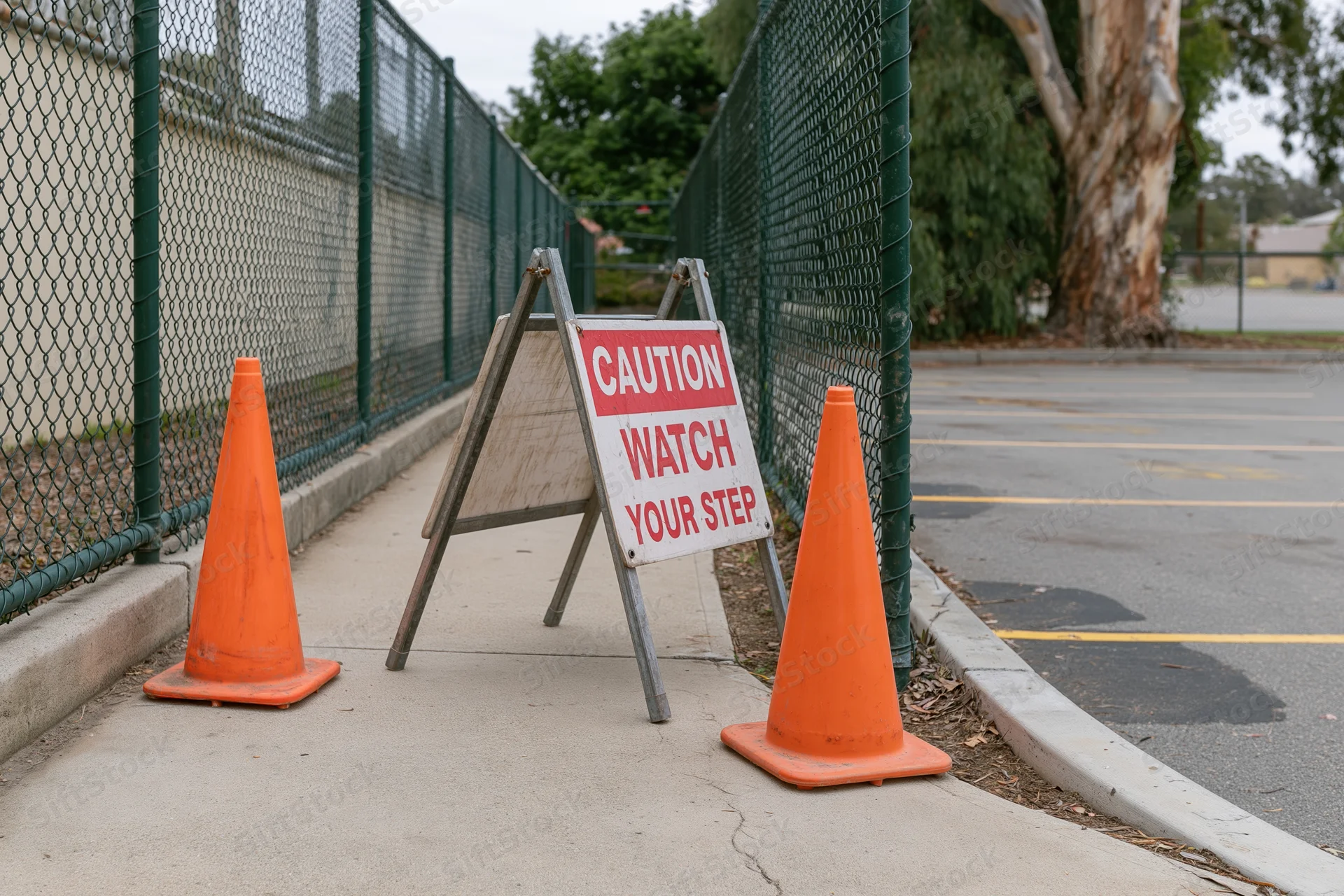 Caution sign on sidewalk flanked by orange traffic cones near chainlink fence