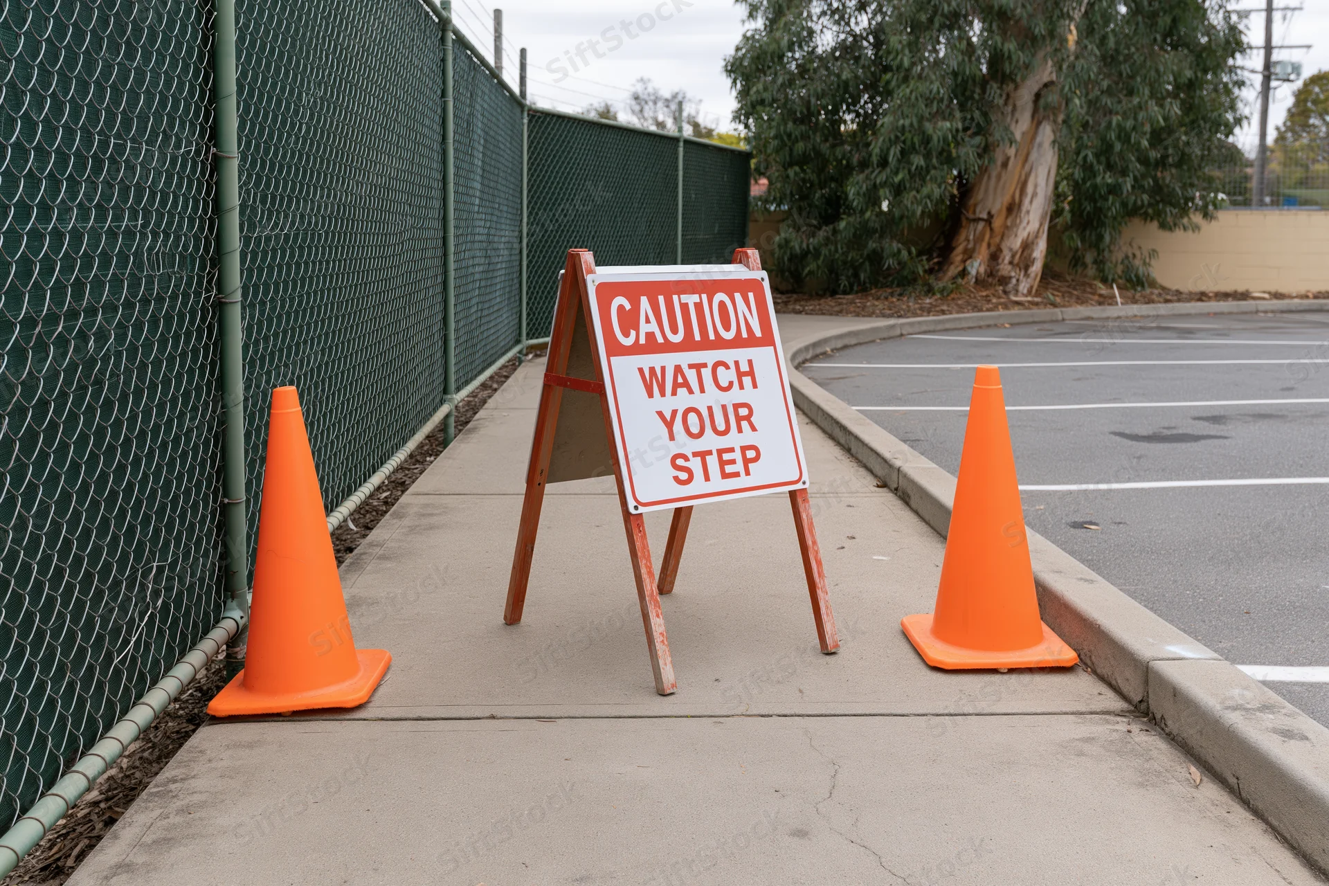 Caution sign on sidewalk flanked by orange traffic cones near chainlink fence and parking lot