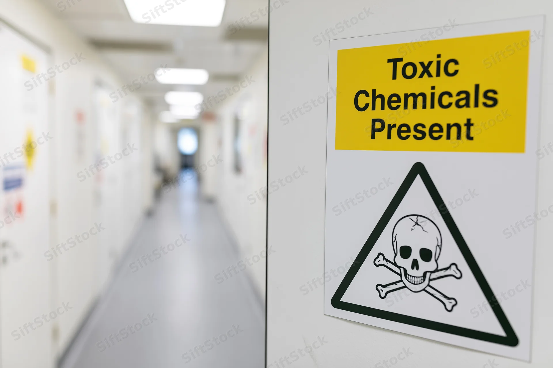 Toxic chemicals warning sign on wall in laboratory hallway