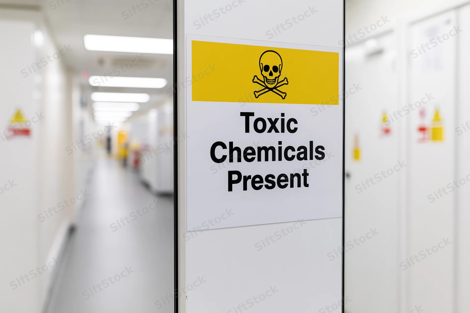 Toxic chemicals present warning sign on white door in laboratory hallway