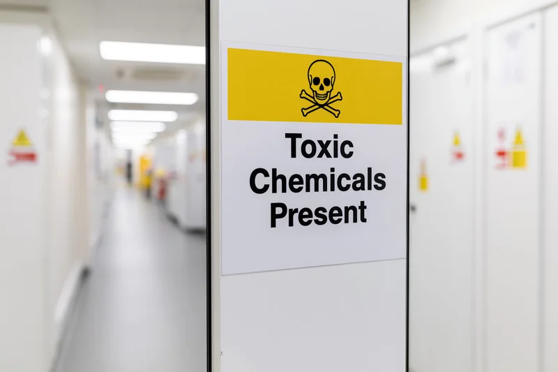 Toxic chemicals present warning sign on white door in laboratory hallway