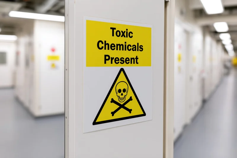 Warning sign with skull and crossbones symbol on a laboratory cabinet in a corridor