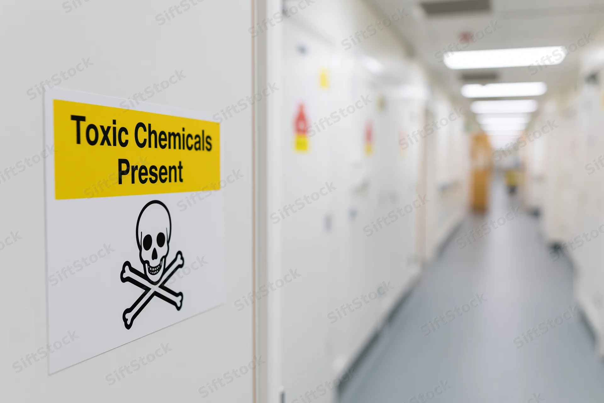 Warning sign with skull and crossbones on laboratory corridor wall
