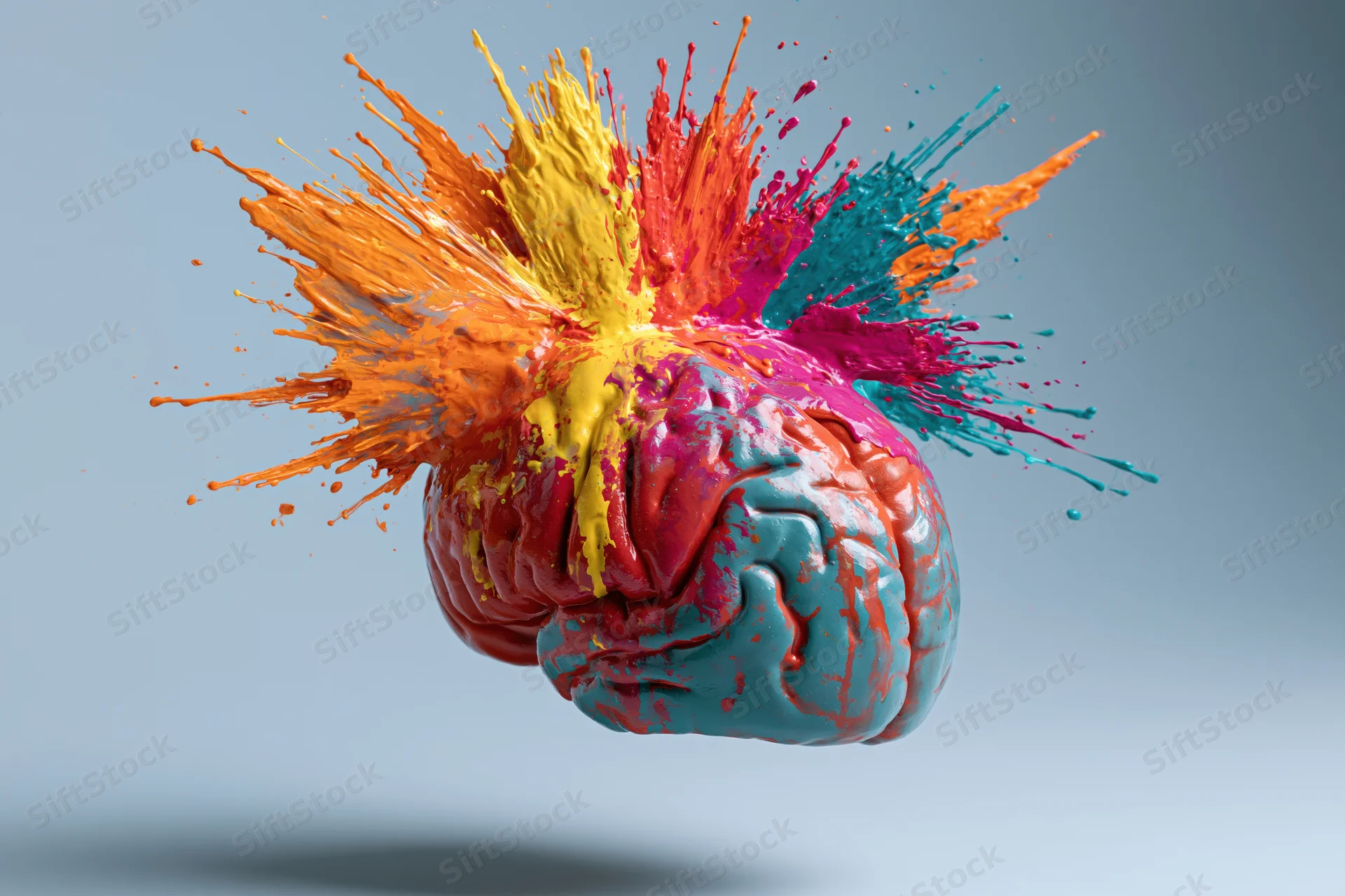 Human brain model exploding with colorful paint splashes against a light blue background