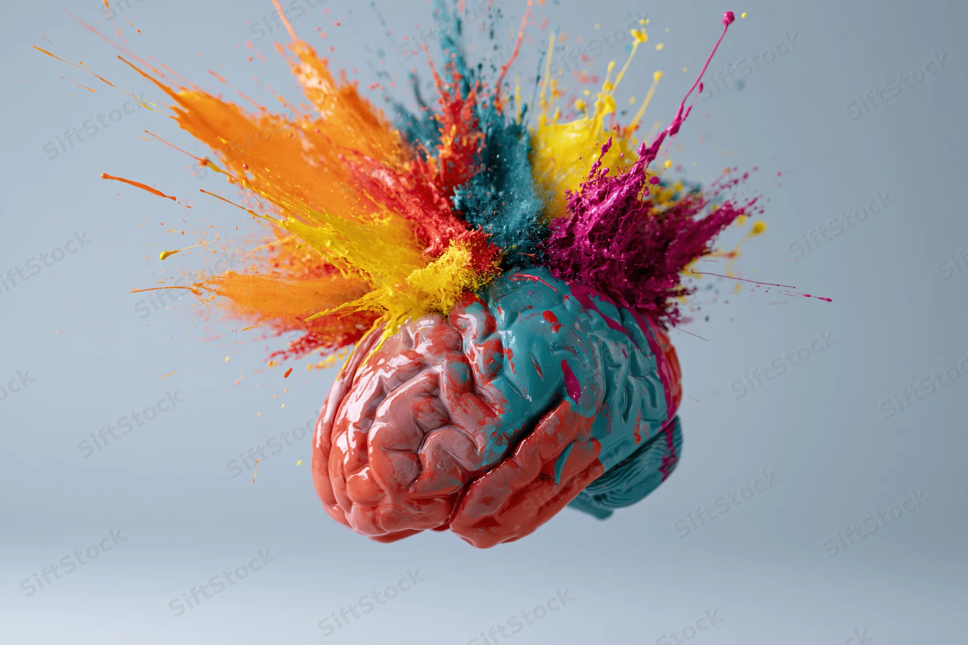 Anatomical brain model exploding with colorful paint splashes against a gray background