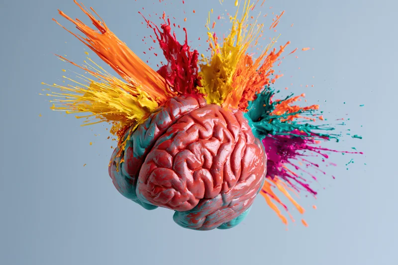 Anatomical brain model with colorful paint splashes exploding outward against a light blue background