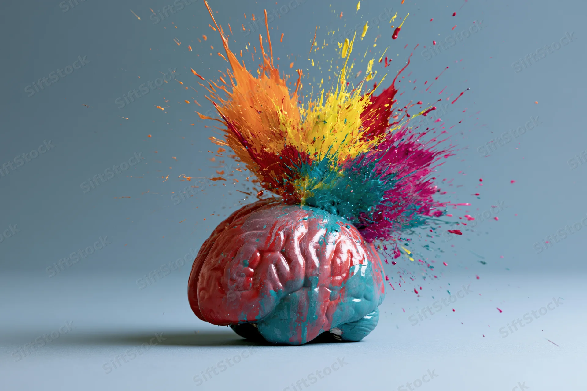 Anatomical human brain model with colorful paint explosion on plain background