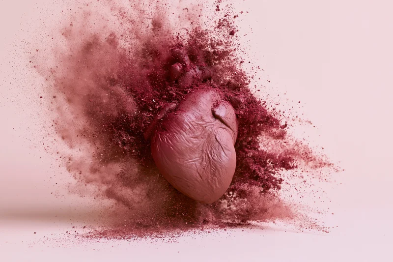 Anatomical heart model exploding into red powder on a plain surface