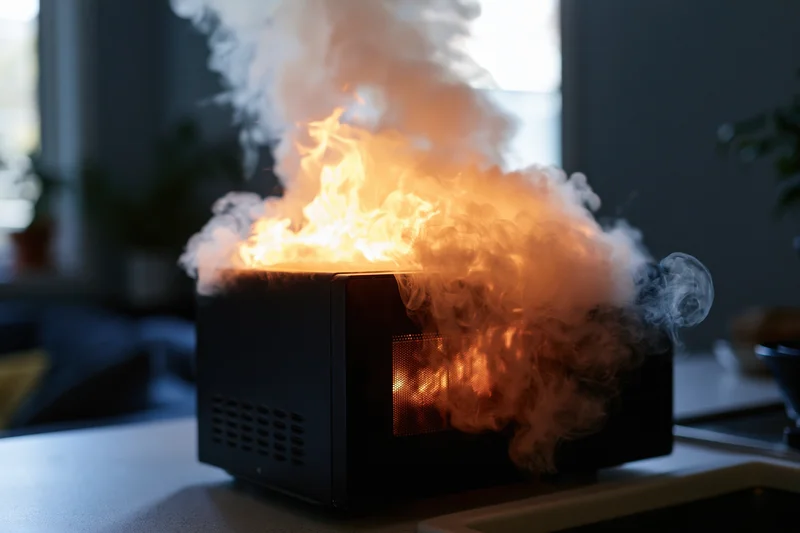 Black microwave oven on fire with thick smoke billowing from it on a kitchen countertop
