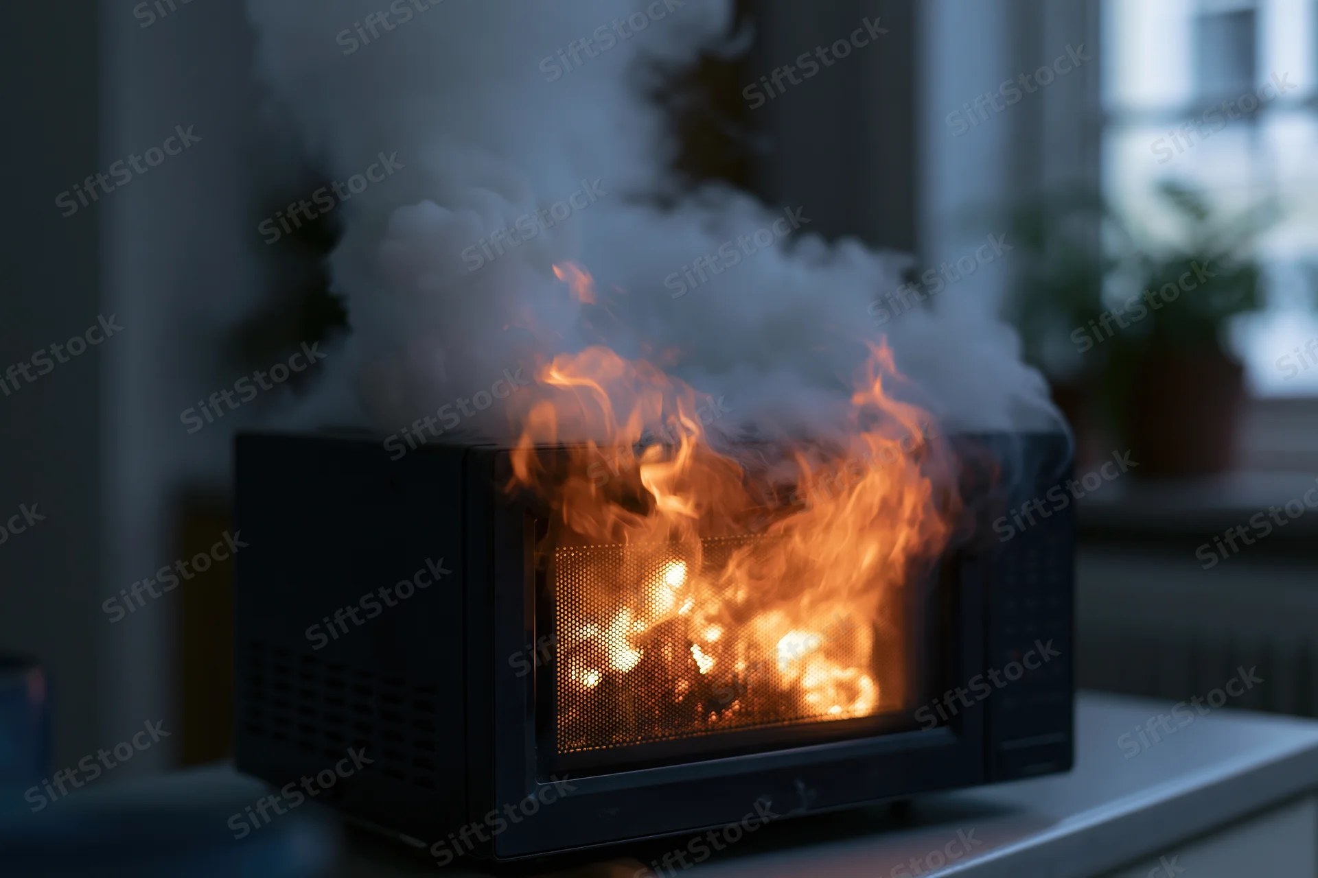 Black microwave on fire with flames and smoke billowing from it on kitchen countertop
