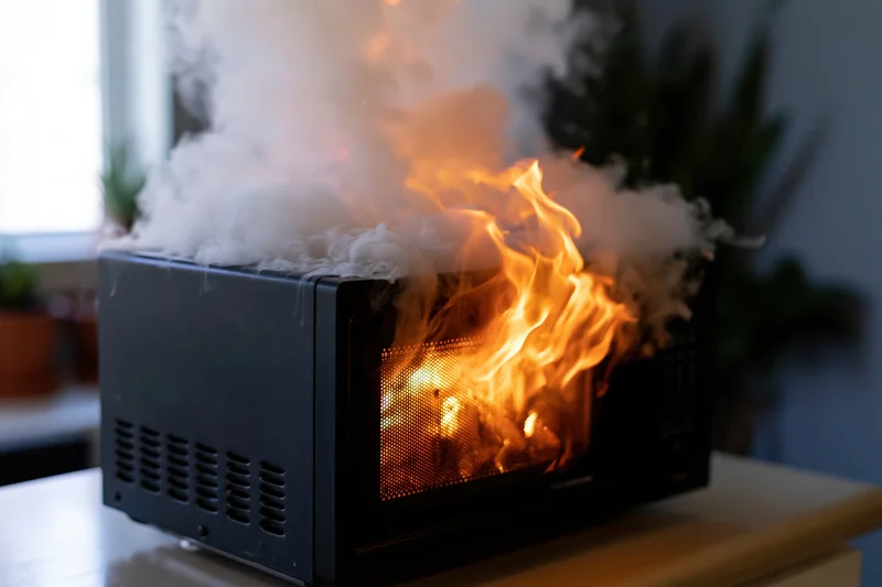 Black microwave oven on fire with flames and smoke erupting from it on a kitchen countertop