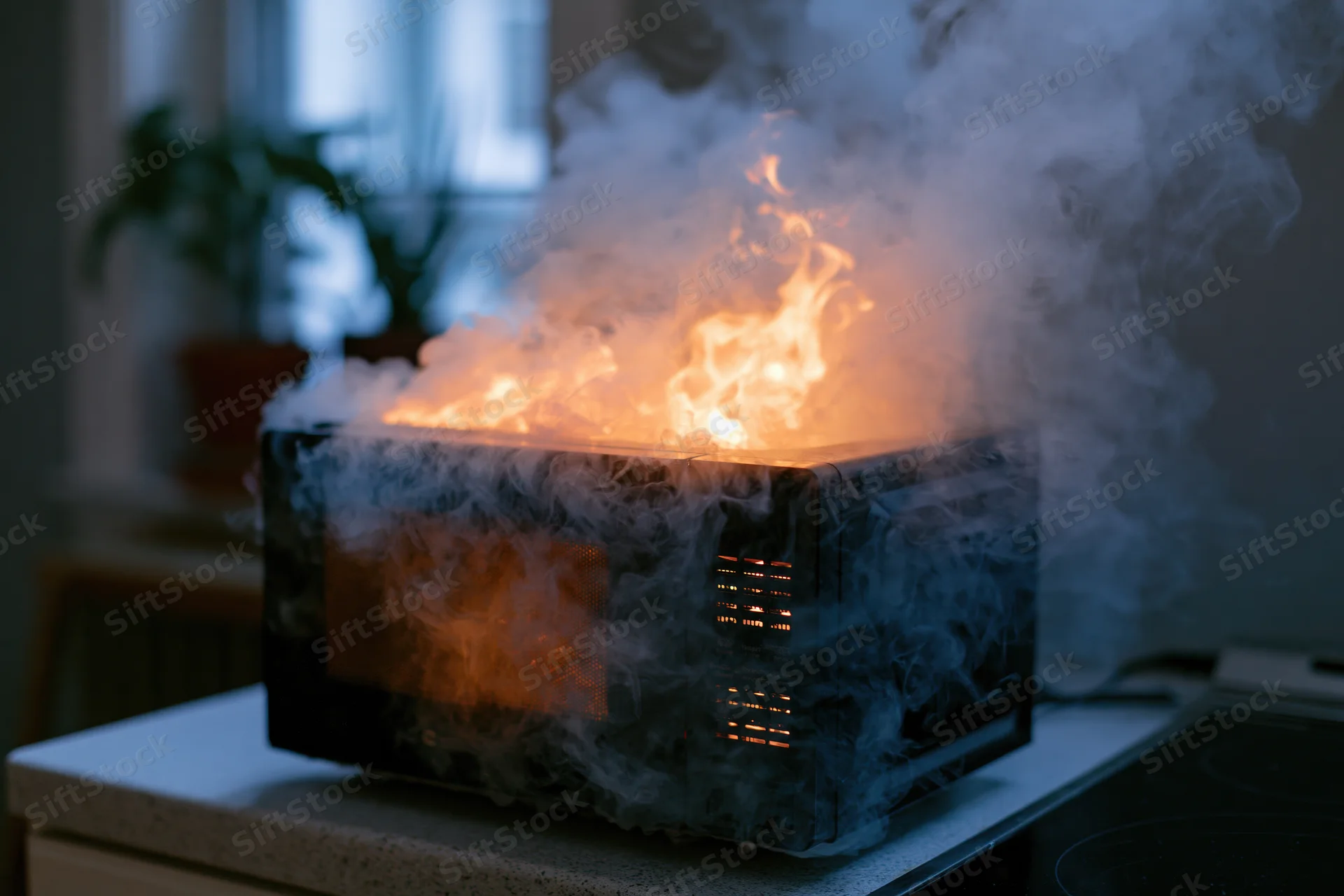 Burning microwave emitting flames and smoke on kitchen countertop