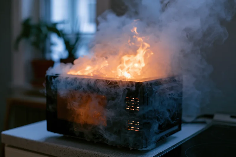 Burning microwave emitting flames and smoke on kitchen countertop