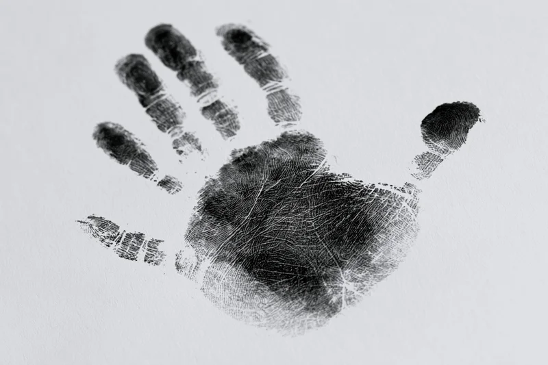 Black ink handprint of a child's right hand on white surface
