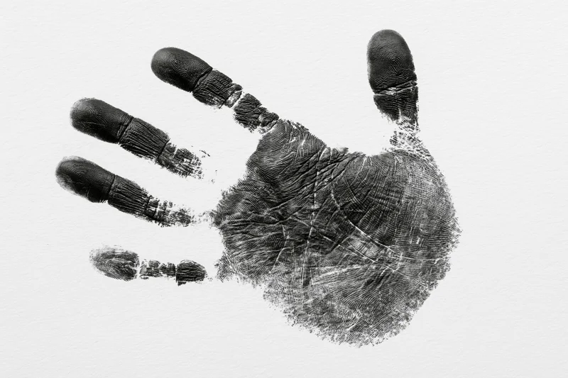 Black ink handprint of a child's right hand on white paper