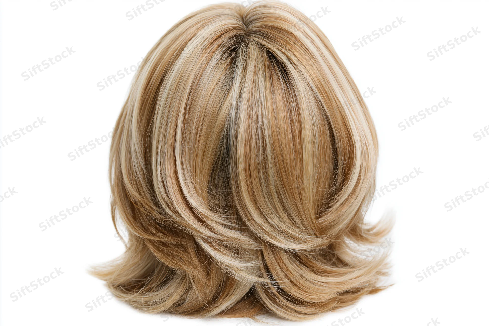 Blonde highlighted midlength layered wig displayed against white background