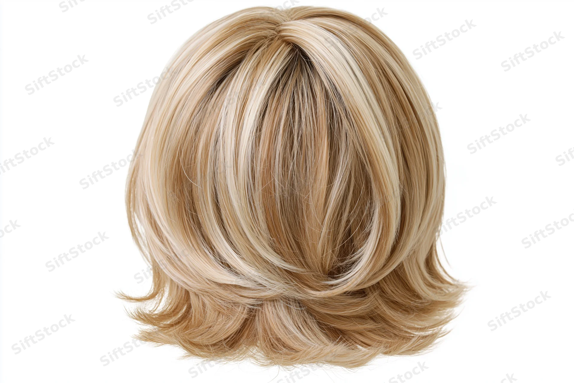 Blonde highlighted midlength layered wig displayed against white background