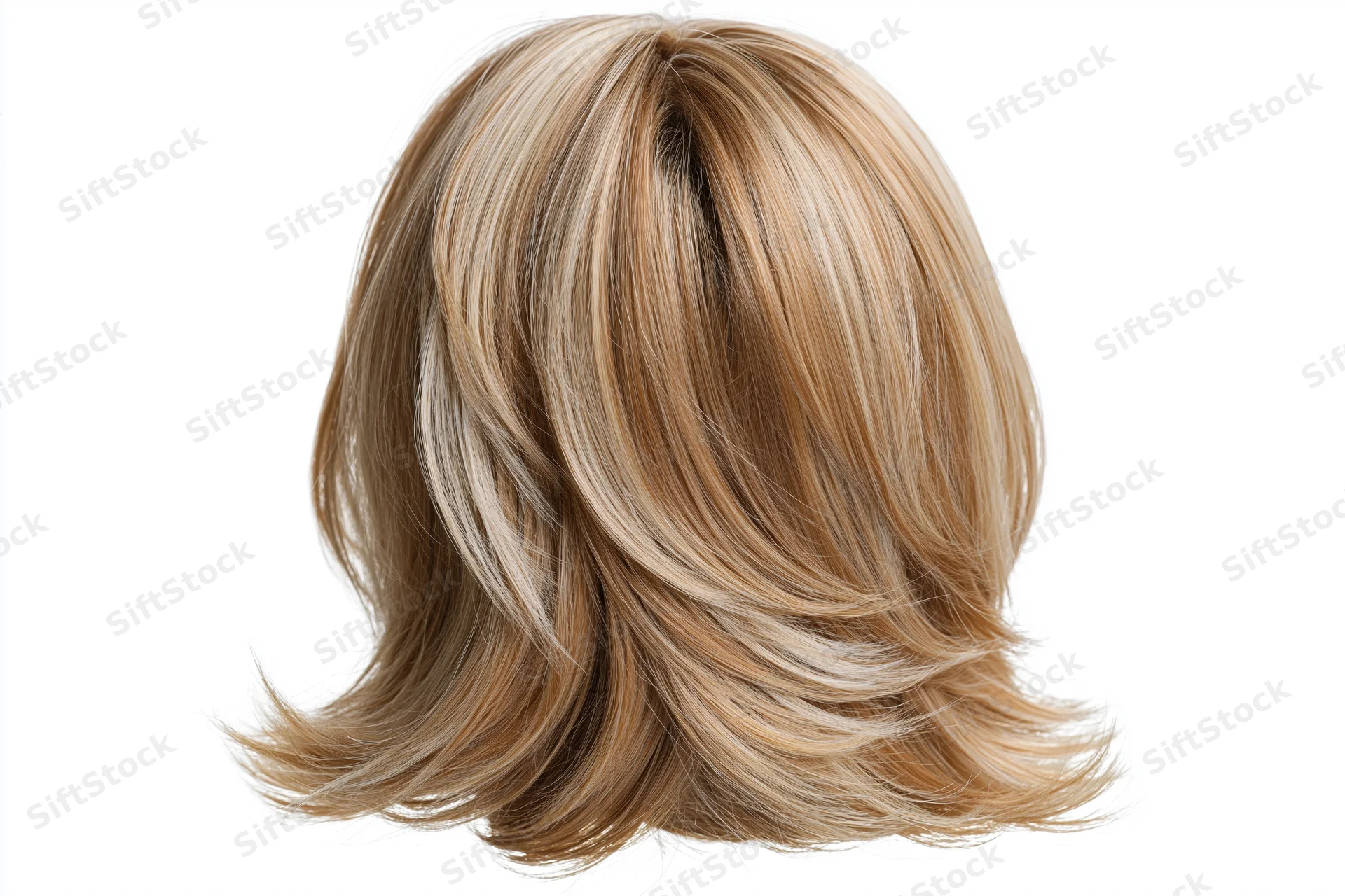 Blonde highlighted midlength layered wig displayed against white background