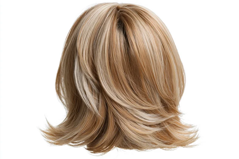 Blonde highlighted midlength layered wig displayed against white background