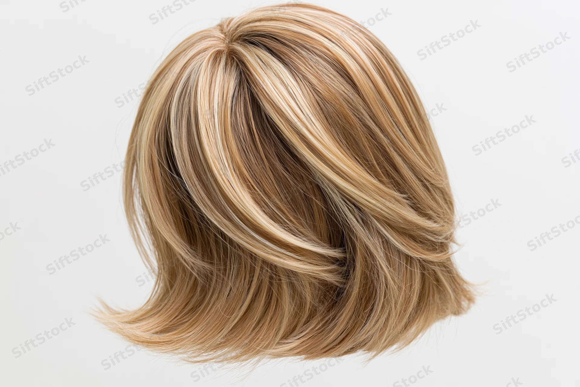 Blonde highlighted midlength layered wig displayed against white background