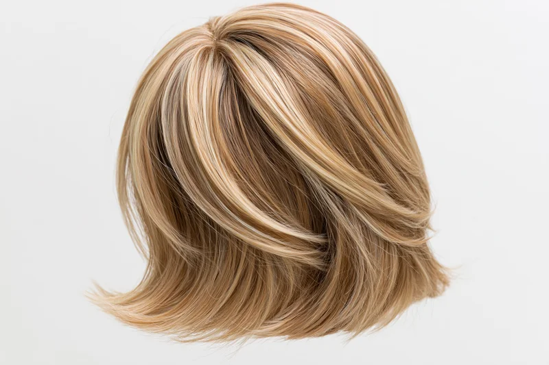 Blonde highlighted midlength layered wig displayed against white background