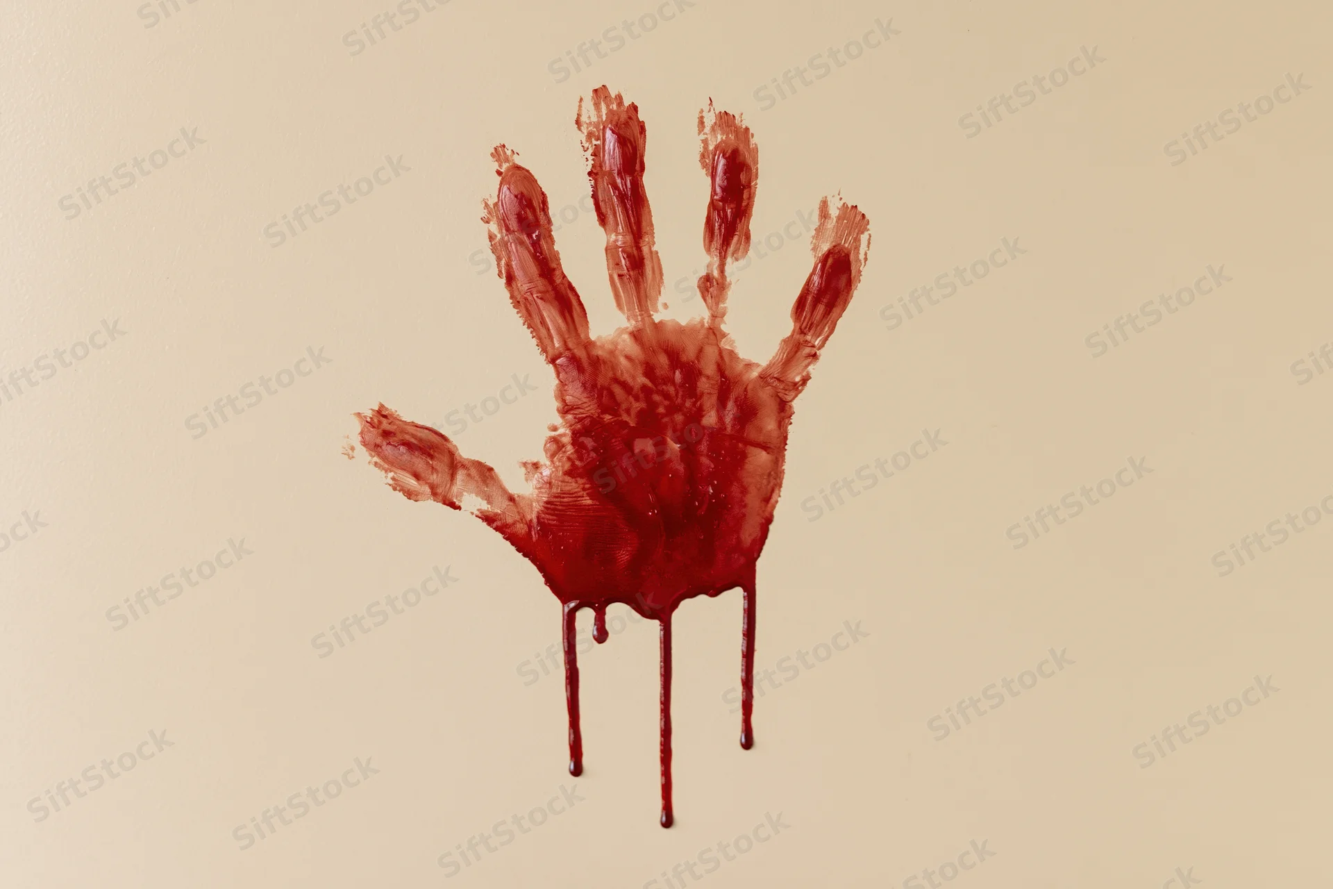 Bloody handprint smeared on beige wall with dripping residue