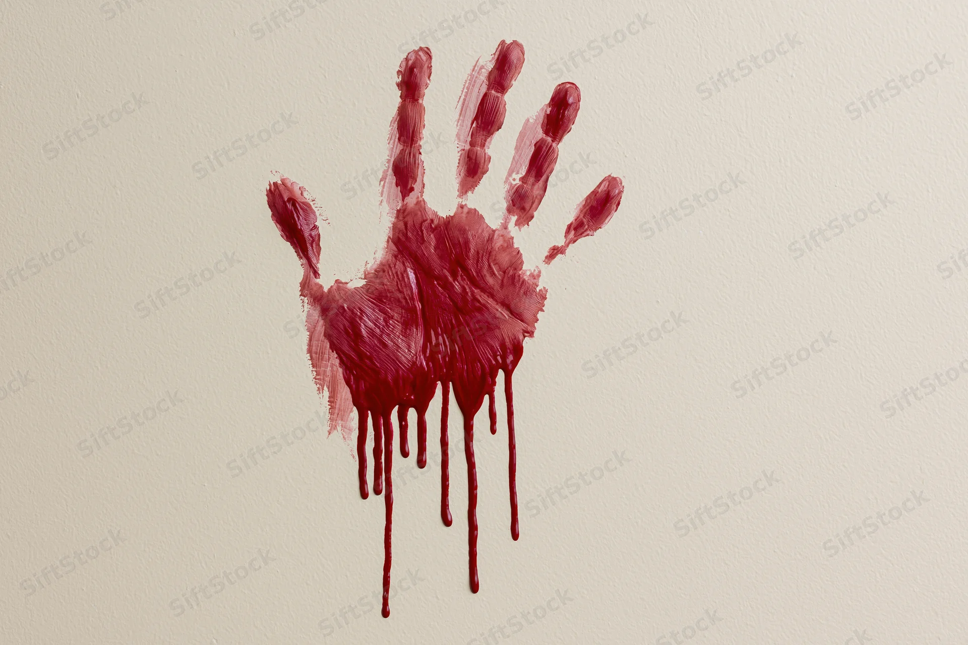 Bloody handprint smeared on beige wall with dripping red paint