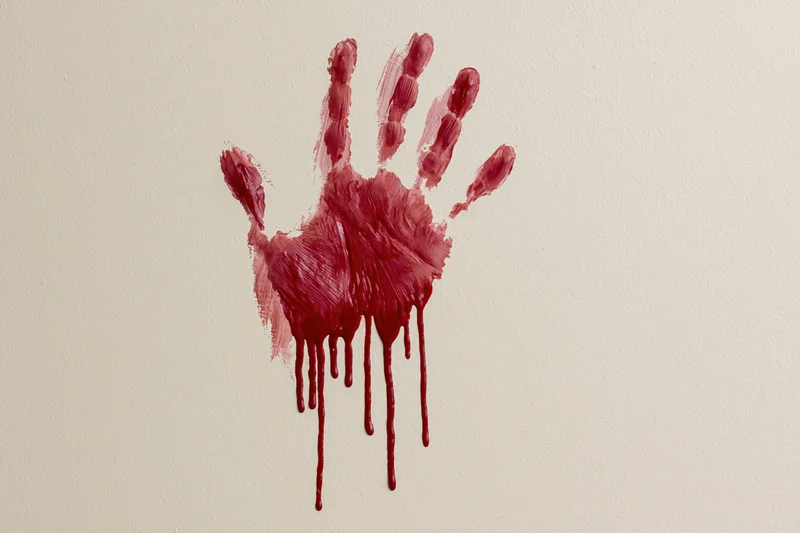 Bloody handprint smeared on beige wall with dripping red paint