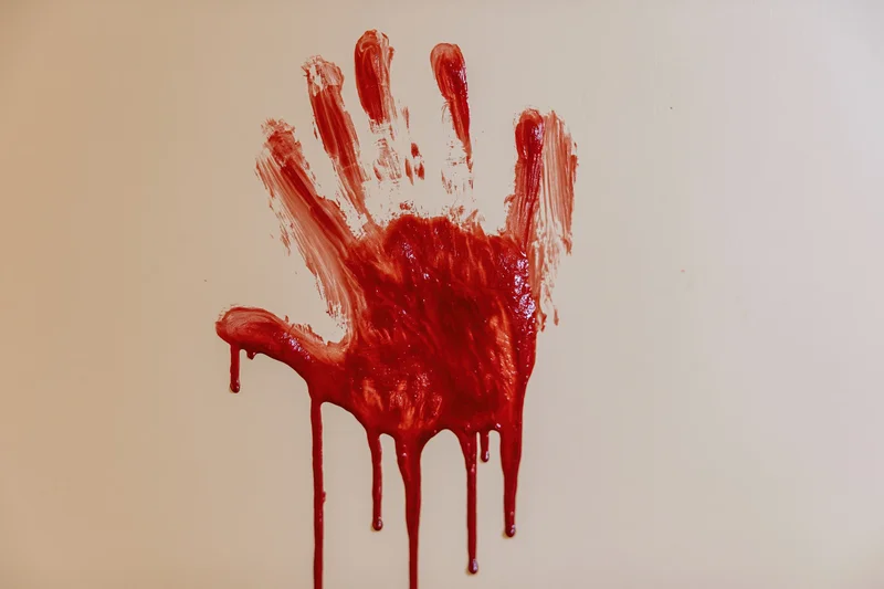 Bloody handprint smeared on beige wall with dripping red liquid
