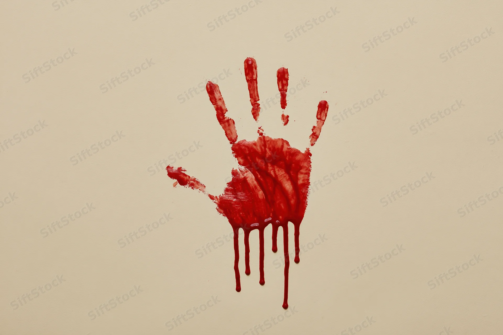 Bloody handprint smeared on beige wall with dripping red paint