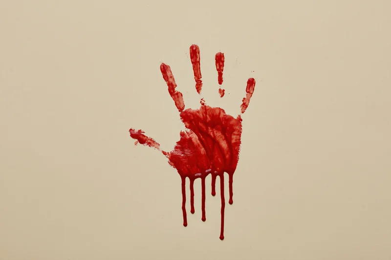 Bloody handprint smeared on beige wall with dripping red paint