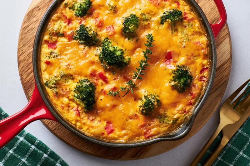 Broccoli and red pepper frittata baked in a red-handled skillet on a wooden tray with a fork and green checkered napkin