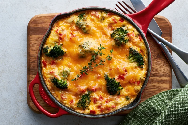 Baked broccoli and red pepper frittata in red cast iron skillet on wooden cutting board with fork and knife nearby
